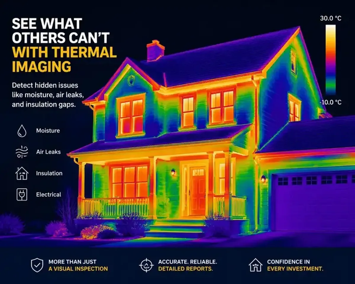 Thermal imaging scan of a home showing heat signatures across the exterior, with hotspots highlighting moisture, air leaks, insulation gaps, and electrical concerns