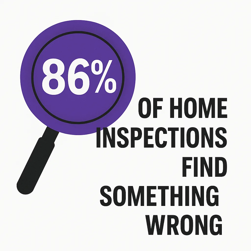 Infographic showing that 86% of home inspections find something wrong, illustrated with a magnifying glass.