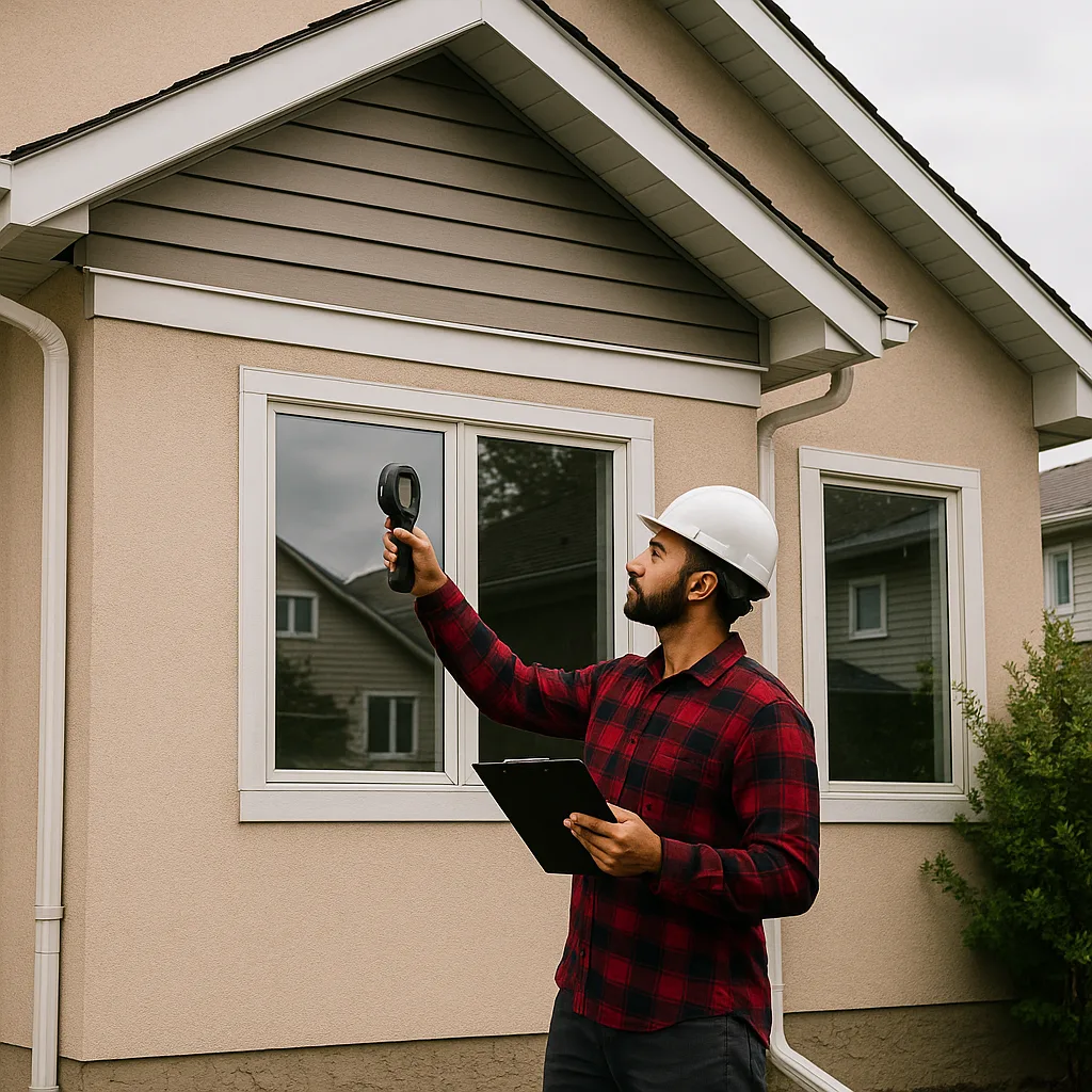 Home inspector in a red plaid shirt and white hard hat examining the exterior siding of a Calgary home with a thermal tool and clipboard