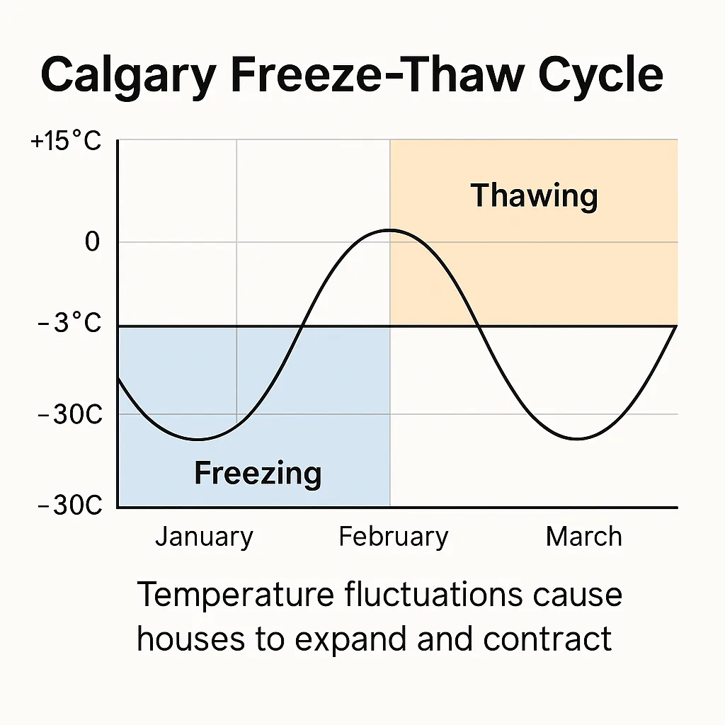 A graph showing Calgary’s freeze-thaw cycle from January to March, with freezing and thawing zones marked.