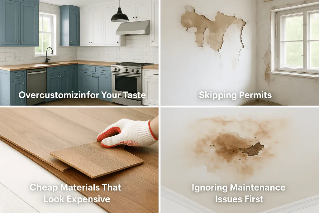 Collage showing home improvement mistakes: over-customization, water damage, cheap flooring, and poor maintenance
