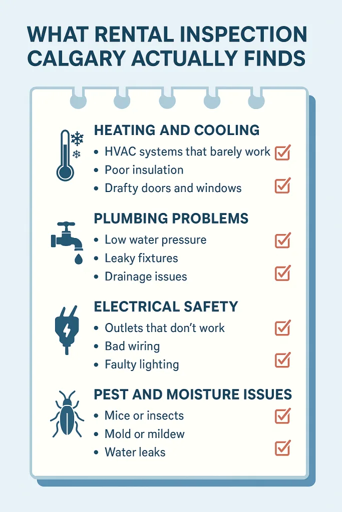 Checklist showing issues found in rental inspections: HVAC problems, plumbing defects, electrical faults, and pest or moisture damage