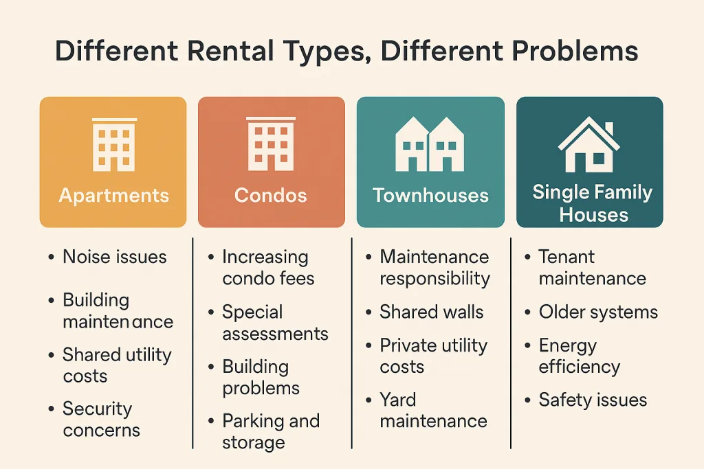 Infographic comparing risks across apartment, condo, townhouse, and single-family rentals in Calgary
