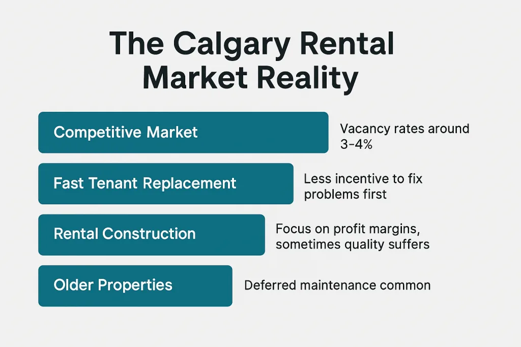 Bar chart summarizing Calgary rental market issues: vacancy rates, fast turnovers, poor construction quality, and aging buildings
