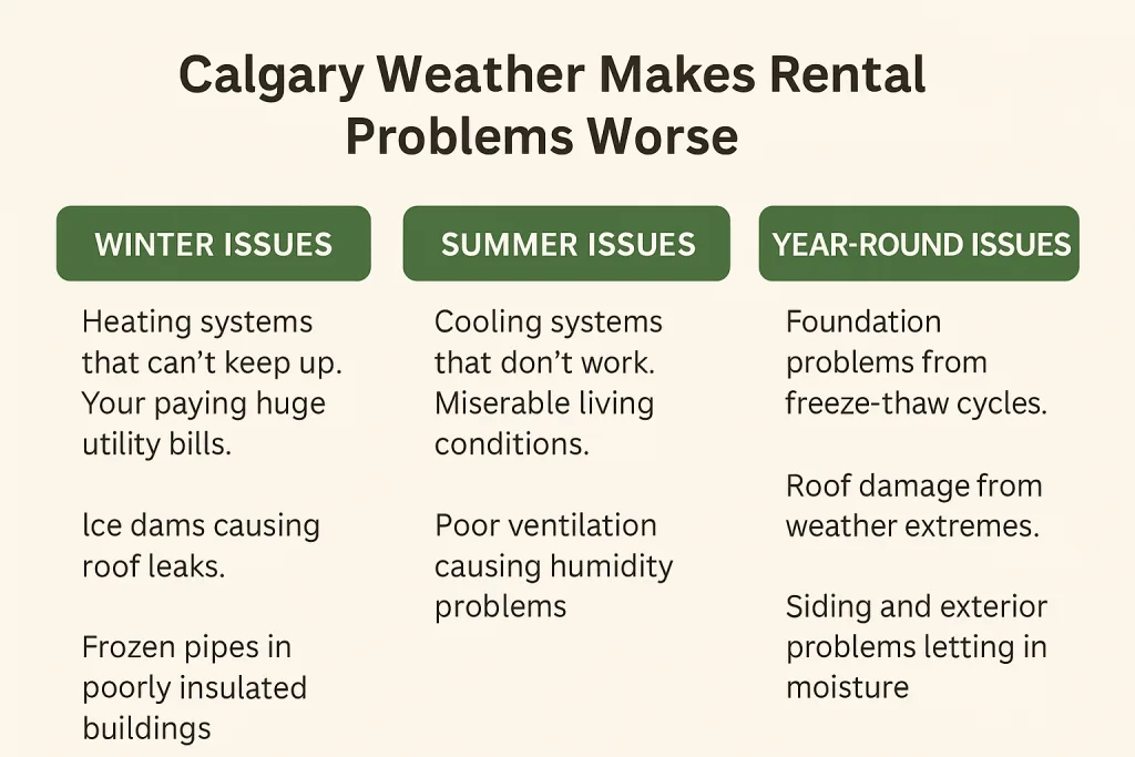 Infographic outlining winter, summer, and year-round rental issues caused by Calgary weather
