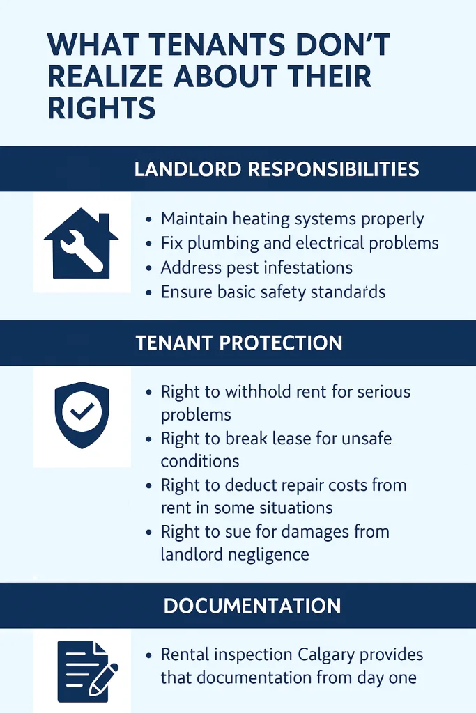 Infographic outlining landlord responsibilities, tenant protections, and the importance of documentation in Calgary rentals
