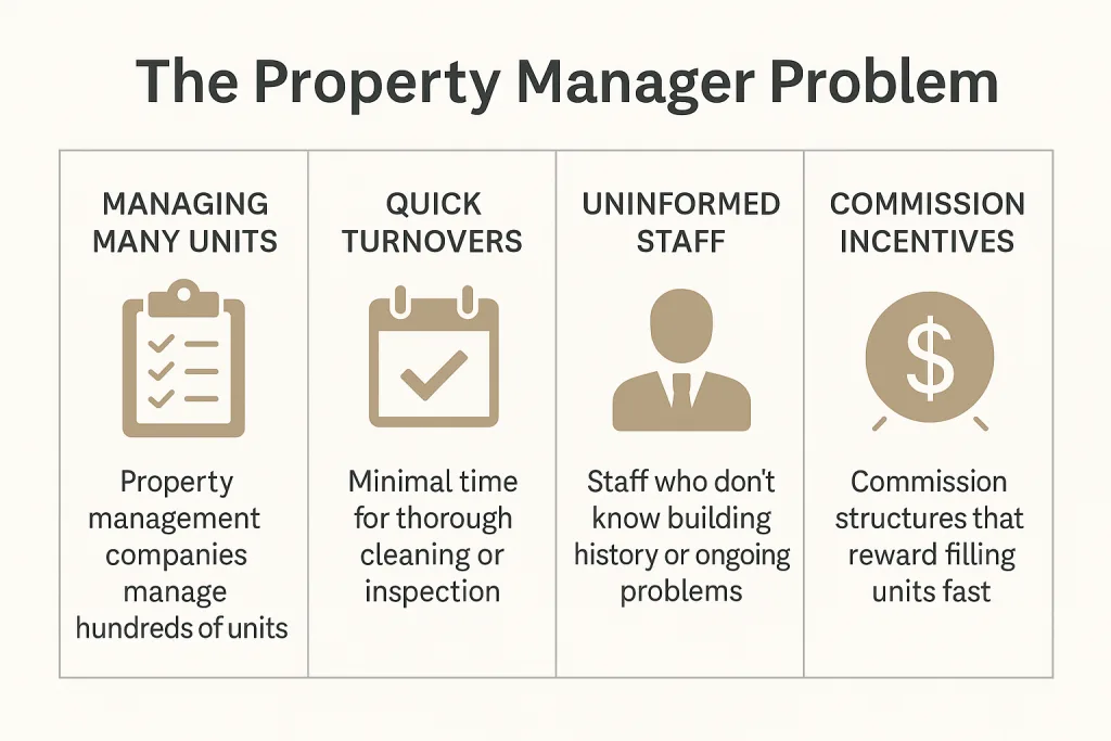 Infographic showing four common problems with property managers: managing too many units, quick turnovers, uninformed staff, and commission-driven priorities