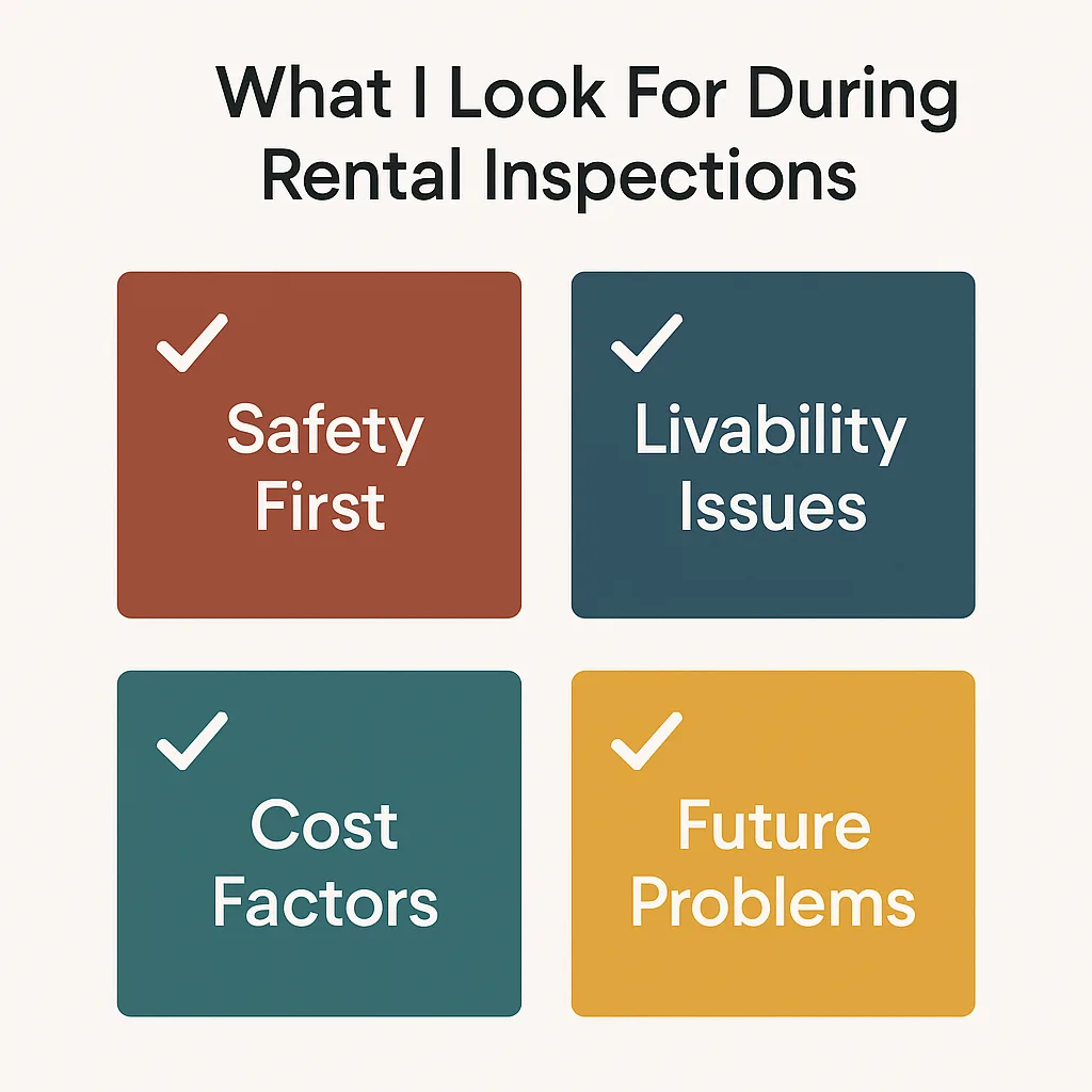 Infographic showing four focus areas of rental inspections: safety, livability, cost factors, and future problems