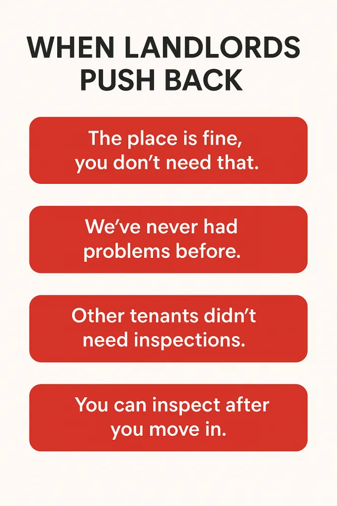 Infographic showing common excuses landlords give to avoid rental inspections in Calgary