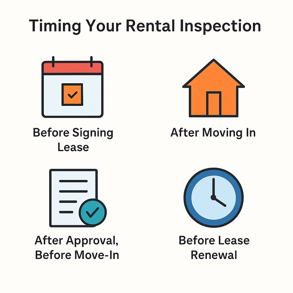 Infographic showing ideal times for rental inspections: before lease, after approval, post move-in, and before lease renewal