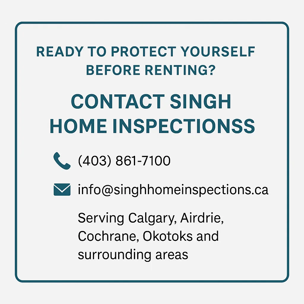 Contact information card for Singh Home Inspections in Calgary, including phone, email, and service areas