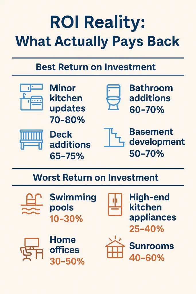 Infographic showing ROI of home improvements in Calgary: best returns include kitchen updates and bathroom additions, worst returns include pools and sunrooms