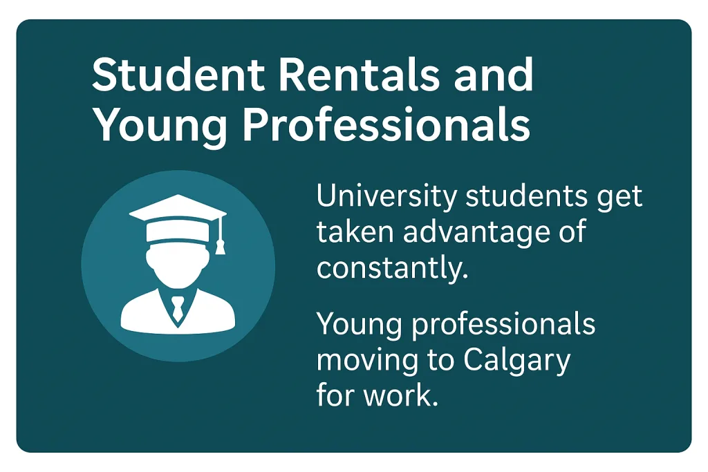 Infographic highlighting how Calgary university students and young professionals are vulnerable to rental issues